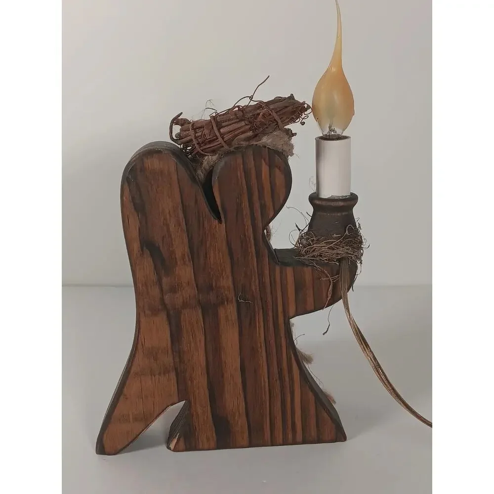 Angel Electric Candle Wooden Primitive Lamp Light Silicone Bulb Grapevine 9